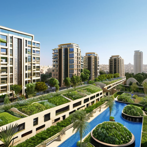 Home 7 **Green Cities & Urban Oases:**
"A vibrant, sustainable Middle Eastern city seamlessly blending modern architecture with abundant green spaces. Focus on innovative vertical gardens scaling skyscrapers, expansive green roofs, and lush urban parks where diverse families and children enjoy the serene environment. Depict advanced, subtle irrigation systems transforming arid landscapes into vibrant oases, emphasizing clean air and a sense of tranquility. Daytime, clear blue sky, soft natural light."