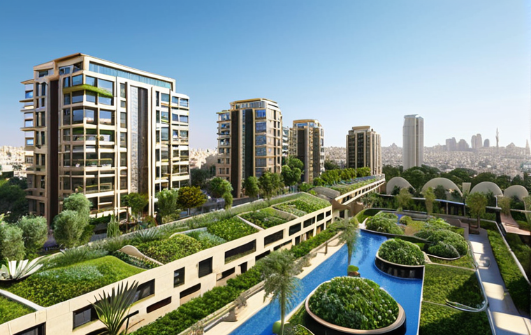 **Green Cities & Urban Oases:**
"A vibrant, sustainable Middle Eastern city seamlessly blending modern architecture with abundant green spaces. Focus on innovative vertical gardens scaling skyscrapers, expansive green roofs, and lush urban parks where diverse families and children enjoy the serene environment. Depict advanced, subtle irrigation systems transforming arid landscapes into vibrant oases, emphasizing clean air and a sense of tranquility. Daytime, clear blue sky, soft natural light."