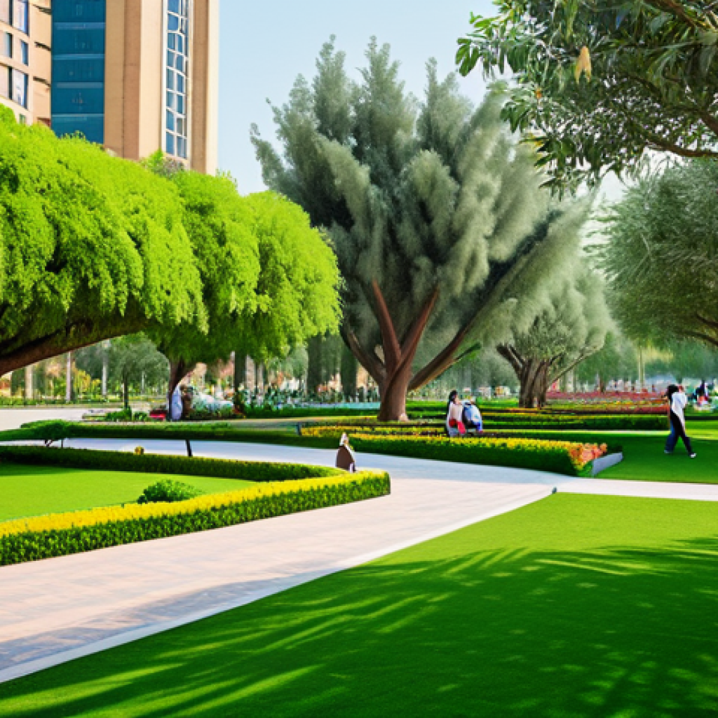 도시 내 녹지 공간 확대의 필요성 - **Urban Oasis:** "A vibrant city park in the Middle East, featuring lush green trees, blooming flowe...