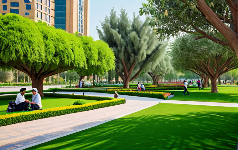 도시 내 녹지 공간 확대의 필요성 - **Urban Oasis:** "A vibrant city park in the Middle East, featuring lush green trees, blooming flowe...