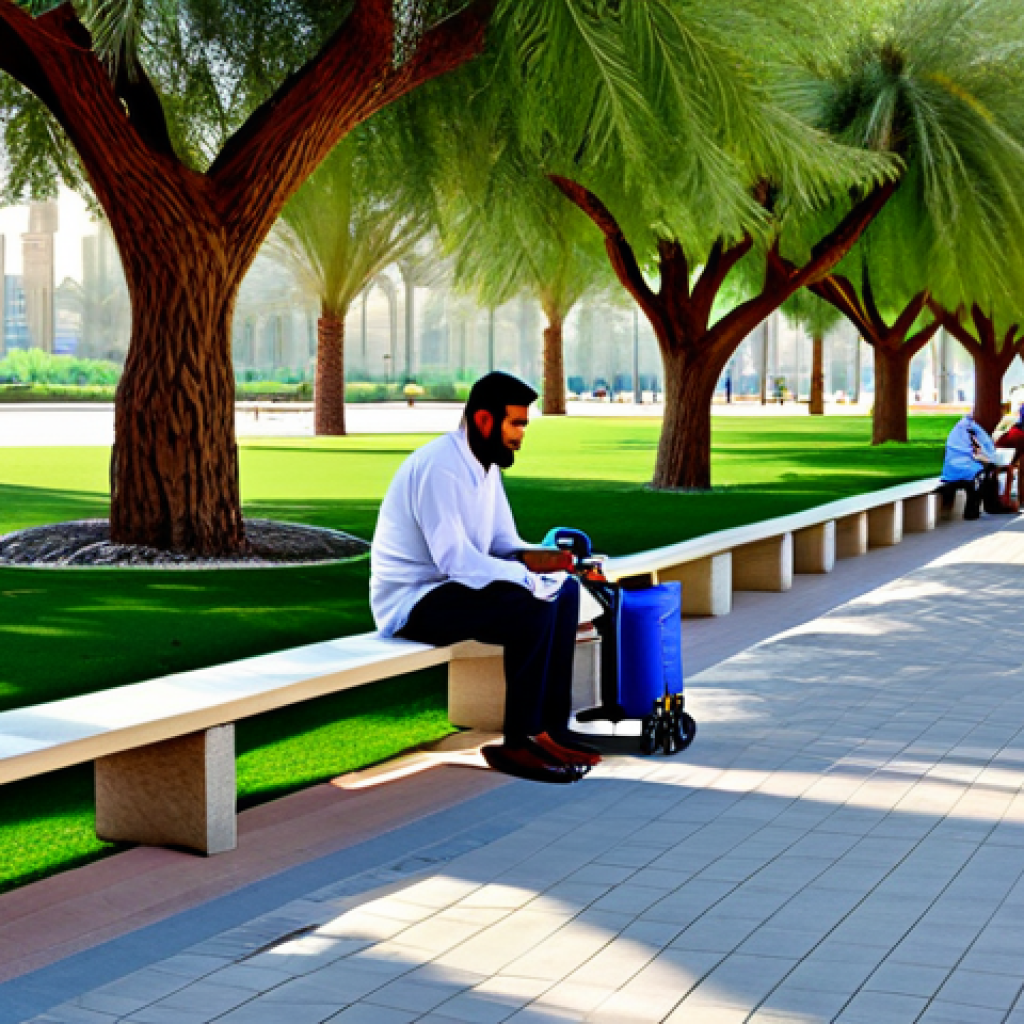 도시 내 공원 시스템의 개선 방안 - "A vibrant public park scene in Dubai, showcasing modern infrastructure like shaded walkways and acc...