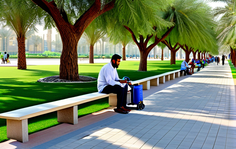 도시 내 공원 시스템의 개선 방안 - "A vibrant public park scene in Dubai, showcasing modern infrastructure like shaded walkways and acc...