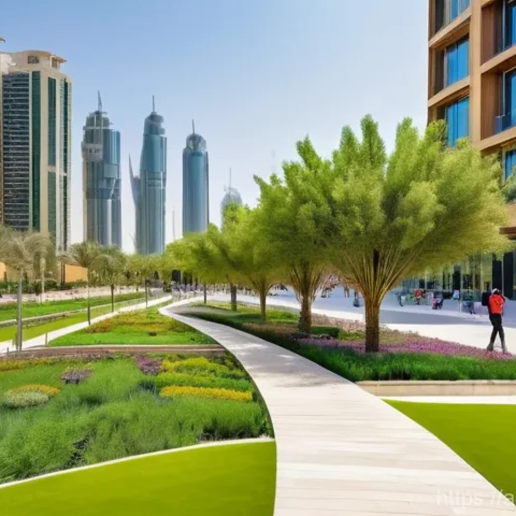 도시 환경에서의 회복력 있는 디자인 원칙 - **The Resilient Green Heart of an Arab Metropolis**
    A vibrant, sunlit panoramic view of a modern...