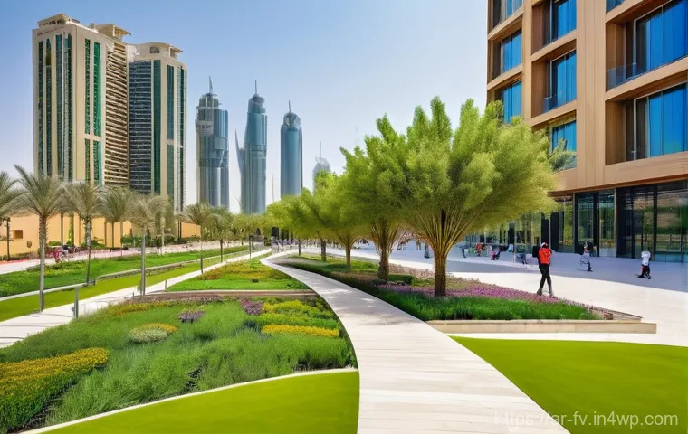 도시 환경에서의 회복력 있는 디자인 원칙 - **The Resilient Green Heart of an Arab Metropolis**
    A vibrant, sunlit panoramic view of a modern...