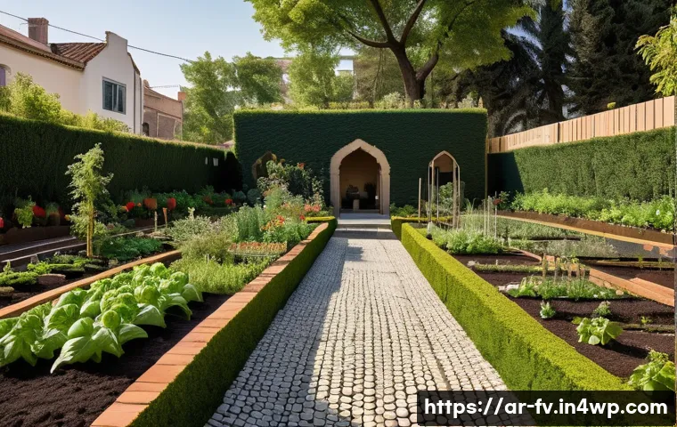 소규모 도시에서의 자연 연결성 증진 전략 - **Prompt 1: Vibrant Community Garden in an Arabic Neighborhood**
"A photorealistic, wide-angle s...