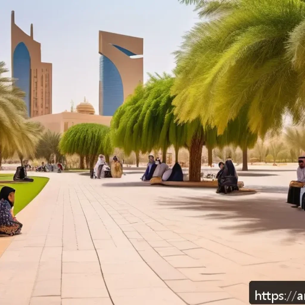 도시 내 조경 디자인의 중요성 - A vibrant urban park in Riyadh during the late afternoon, featuring families and individuals of dive...