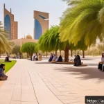 Home 14 도시 내 조경 디자인의 중요성 - A vibrant urban park in Riyadh during the late afternoon, featuring families and individuals of dive...
