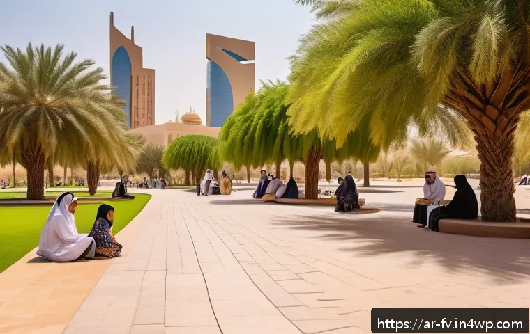 도시 내 조경 디자인의 중요성 - A vibrant urban park in Riyadh during the late afternoon, featuring families and individuals of dive...
