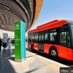 Home 19 자연 연결성을 위한 대중교통 활용하기 - A bustling Middle Eastern urban scene featuring modern electric buses and a clean metro station with...