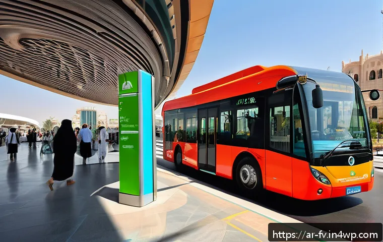자연 연결성을 위한 대중교통 활용하기 - A bustling Middle Eastern urban scene featuring modern electric buses and a clean metro station with...