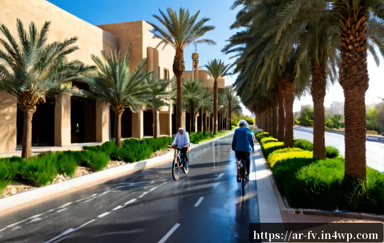 도시 환경 문제 해결을 위한 자연 기반 접근 - Photorealistic wide-angle view of a modern Middle Eastern city street transformed by nature-based so...