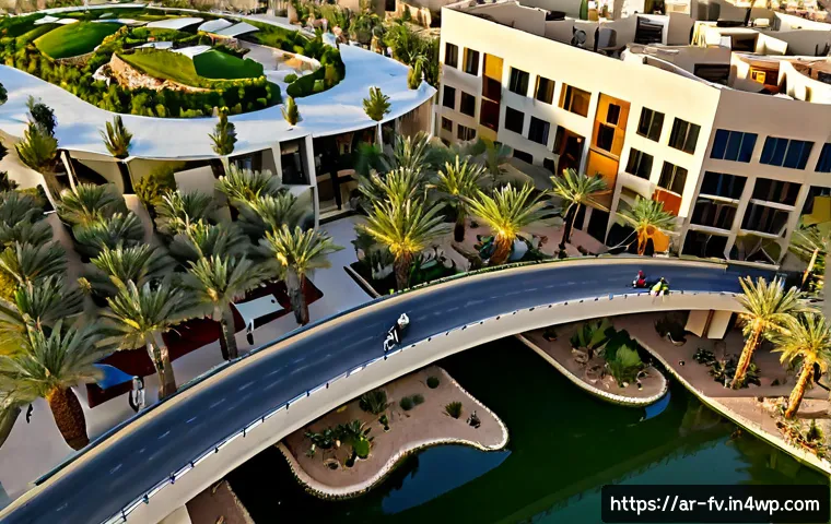 Home 17 도시 자연 연결성 증진을 위한 혁신적인 아이디어 - Photorealistic aerial view of an innovative Arab city neighborhood where elevated green pedestrian b...