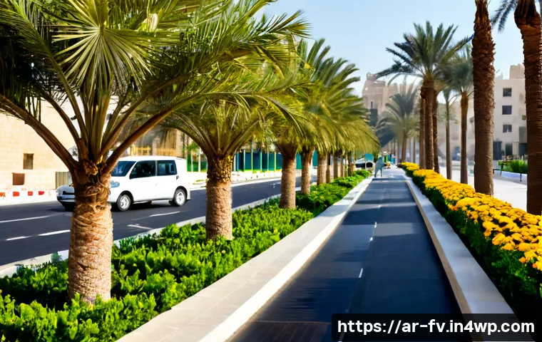 도시 생태계 관리와 유지의 중요성 - Photorealistic urban ecology maintenance scene in a modern Arab city, municipal gardeners in modest ...